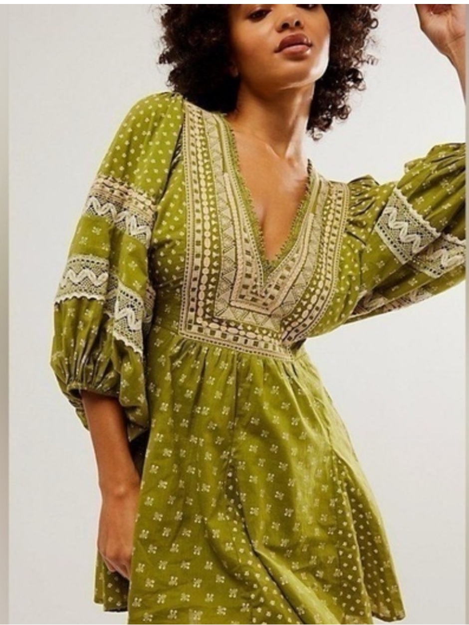 Nwot Free People Sweet Southwest Bohemian Green Mini Dress/ Medium